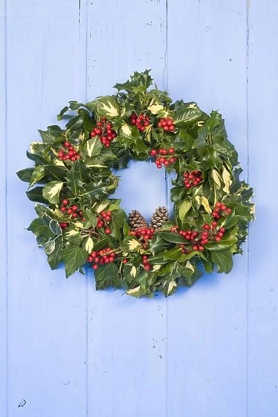 Christmas Wreath on old blue painted wooden door