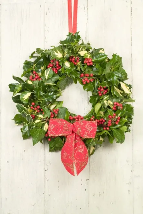 Framed Print : Christmas Wreath on old white painted door Framed Print : Christmas Wreath on old white painted door
