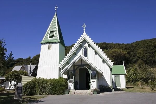 Chruch - St Patrick's white and green timber catholic church. Akaroa - New Zealand