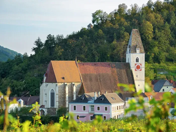Framed Print : Church Heiliger Mauritius (Saint Maurice). Historic village Spitz located in wine-growing area, UNESCO World Heritage Site. Lower Austria Date: 10-09-2020