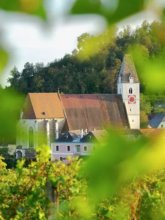 Framed Print : Church Heiliger Mauritius (Saint Maurice). Historic village Spitz located in wine-growing area, UNESCO World Heritage Site. Lower Austria Date: 10-09-2020