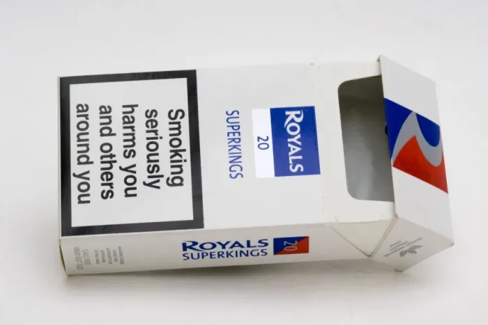 Framed Print : Cigarettes - Red white and blue packet of Royals Superkings cigarettes with smoking seriously damages health warning UK Framed Print : Cigarettes - Red white and blue packet of Royals Superkings cigarettes with smoking seriously damages health warning UK