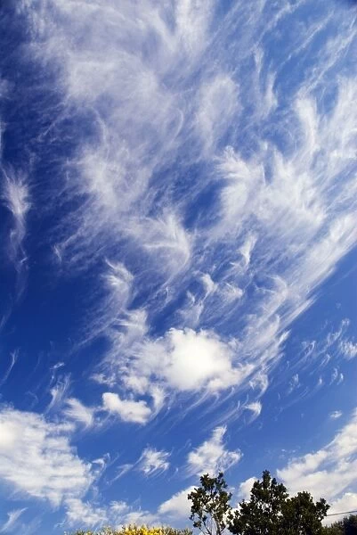 Cirrus uncinus clouds. Occur between heights of 5 to 13 km at temperatures below -25 degrees Celsius. Caused by layers of air moving in different directions or at different speeds. Indicate approach of unsettled weather