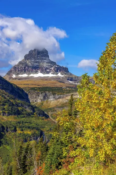 Framed Print : Clements Mountain and Reynolds Creek Falls in autumn, Glacier National Park, Montana, USA Date: 23-09-2021