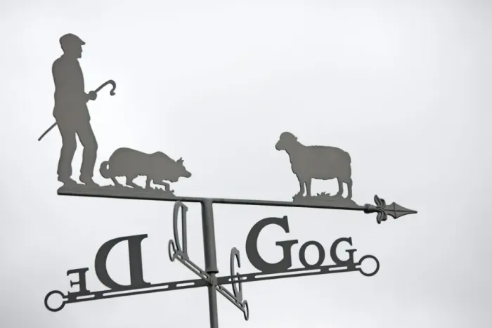 Framed Print : Close up of ornamental Welsh weather vane with shepherd sheep dog and sheep against plain sky UK Framed Print : Close up of ornamental Welsh weather vane with shepherd sheep dog and sheep against plain sky UK