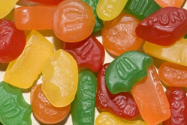Closeup of colourful wine gum sweets UK