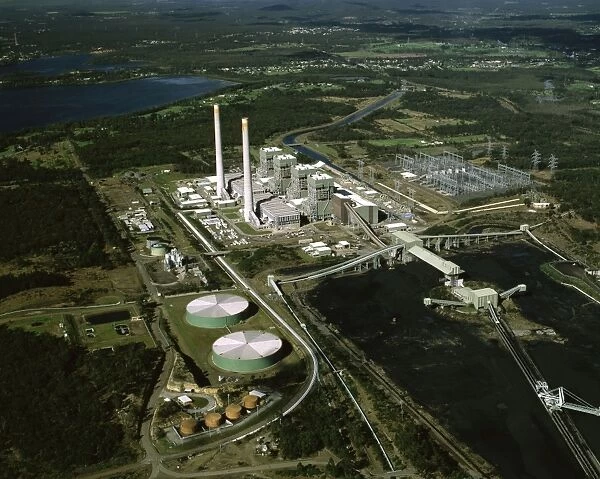 Coal-fired Eraring Power Station aerial shot. It provides about a quarter of the State's power needs. Southern end of Lake Macquarie, New South Wales, Australia JPF55035