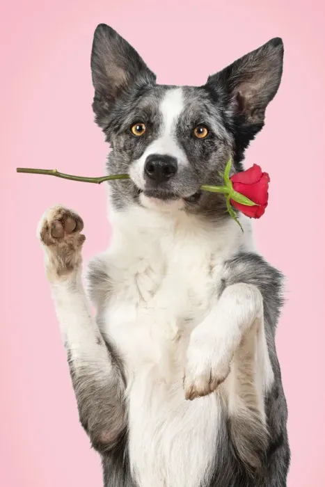 Framed Print : Collie X breed Dog, sitting, paws up with a red rose in mouth, pink background Framed Print : Collie X breed Dog, sitting, paws up with a red rose in mouth, pink background