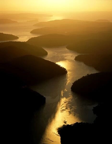 Cowan Water joining Hawkesbury River, with Broken Bay and Lion Island in background at sunrise, Ku-ring-gai Chase National Park, Sydney, New South Wales, Australia JPF51523