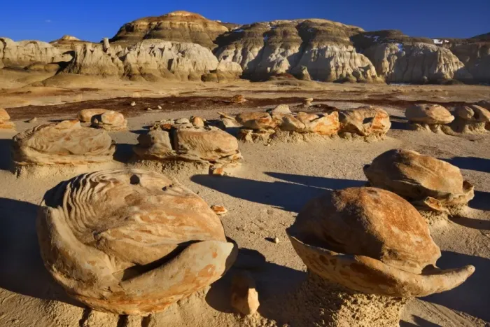 Framed Print : Cracked Eggs - strangely eroded rock formations which look like cracked eggs, located in a dry clay pan - Badlands in the background. In late evening light - Bisti Badlands Wilderness Area, New Mexico, USA Framed Print : Cracked Eggs - strangely eroded rock formations which look like cracked eggs, located in a dry clay pan - Badlands in the background. In late evening light - Bisti Badlands Wilderness Area, New Mexico, USA