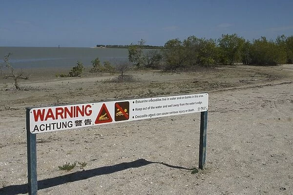 Crocodile warning sign Karumba Point, foreshore, Gulf of Carpentaria, Queensland, Australia