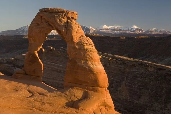 Delicate Arch - probably the best-known natural arch in the USA. Evening light. Arches National Park, Utah