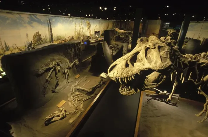 Framed Print : Dinosaur exhibits at the Royal Tyrrell Museum of Paleontology, Drumheller, Alberta, Canada The head of a Tyrannosaurus towers over skeletons of hadrosaurs (duck-billed dinosaurs) Framed Print : Dinosaur exhibits at the Royal Tyrrell Museum of Paleontology, Drumheller, Alberta, Canada The head of a Tyrannosaurus towers over skeletons of hadrosaurs (duck-billed dinosaurs)