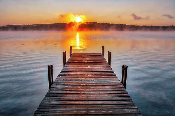 Dock on Long Lake at sunrise, Bridgton, Maine Date: 02-08-2019