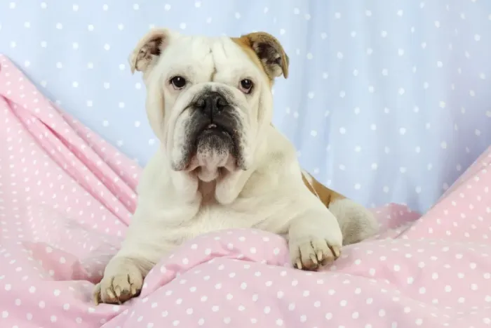 Framed Print : DOG. Bulldog sitting on pink blanket Framed Print : DOG. Bulldog sitting on pink blanket