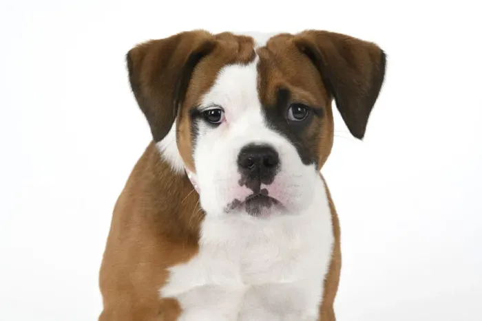 Framed Print : DOG. Bulldog X breed, 16 weeks old puppy, head & shoulders facial expession, studio, white background