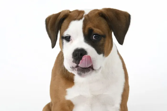 Framed Print : DOG. Bulldog X breed, 16 weeks old puppy, head & shoulders, tougue out, studio, white background Framed Print : DOG. Bulldog X breed, 16 weeks old puppy, head & shoulders, tougue out, studio, white background