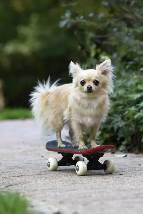 Framed Print : DOG, Chihuahua, on a scateboard in a graden Framed Print : DOG, Chihuahua, on a scateboard in a graden