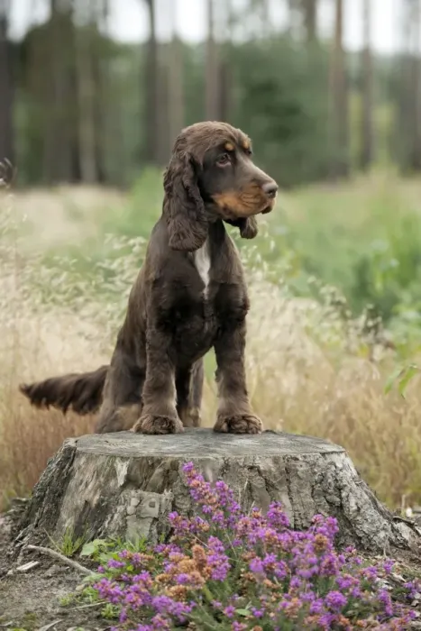 Framed Print : DOG - Cocker spaniel standing on tree stump Framed Print : DOG - Cocker spaniel standing on tree stump