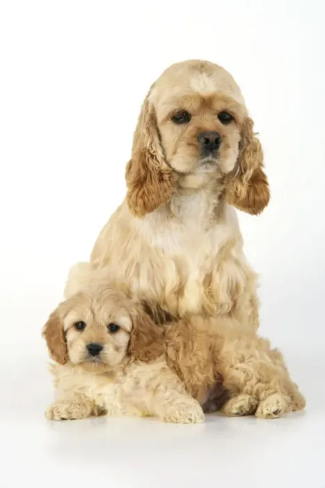 Framed Print : Dog. Cockerpoo puppy (7 weeks old) with mother Framed Print : Dog. Cockerpoo puppy (7 weeks old) with mother