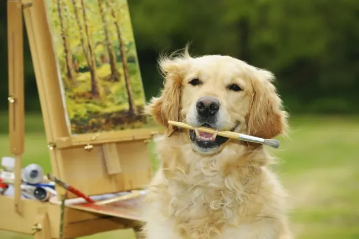 Framed Print : DOG. Golden retriever holding paint brush in mouth sitting next to a painting Framed Print : DOG. Golden retriever holding paint brush in mouth sitting next to a painting