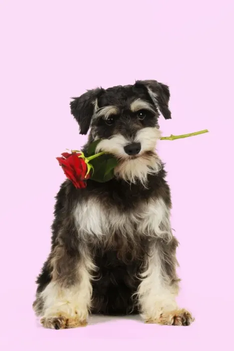 Framed Print : DOG. Schnauzer holding rose Digital Manipulation: background white to pink Framed Print : DOG. Schnauzer holding rose Digital Manipulation: background white to pink