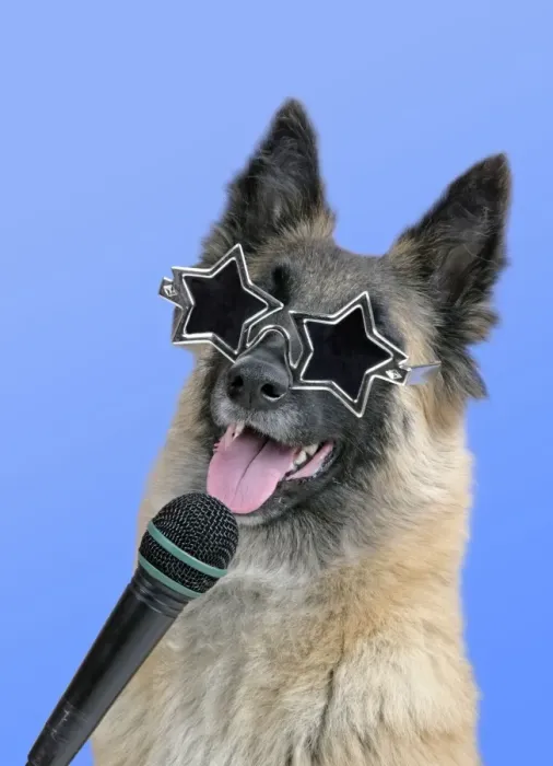 Framed Print : Dog - Tervuren with microphone & star shaped sunglasses MANIPULATION: Background colour changed Framed Print : Dog - Tervuren with microphone & star shaped sunglasses MANIPULATION: Background colour changed