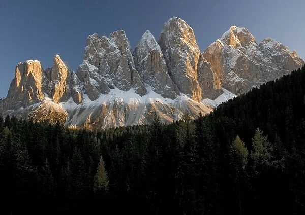 The Dolomites: the Geisler gruppe (up to 3000m) from Zanse Alm in the Val di Funes. Autumn, after the first snowfalls. Evening. Italy