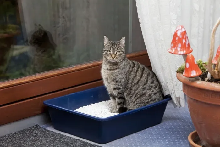 Framed Print : Domestic Cat - sitting in litter tray in house - Lower Saxony - Germany Framed Print : Domestic Cat - sitting in litter tray in house - Lower Saxony - Germany