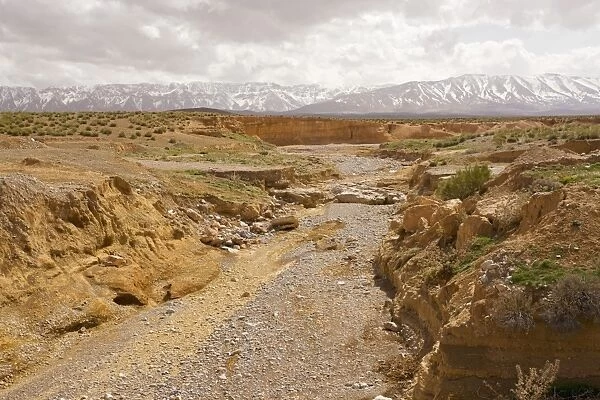 Dry river on the Zeida plain, with the High Atlas mountains beyond; Morocco