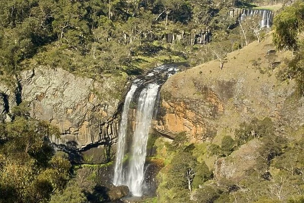 Ebor Falls - upper and lower section of this stunning waterfall which finally plunges into a hugh pool, surrounded by sheer cliffs. The surrounding vegetation is mostly eucalypt forest - Guy Fawkes River National Park, New South Wales, Australia