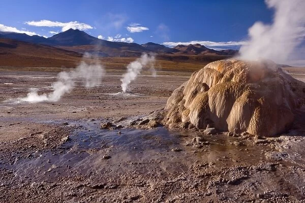 El Tatio Geysers - geothermal field of hot springs and geysers which is located at over 4200 m above sea level - in the morning - Altiplano Atacama Desert - Chile - South America