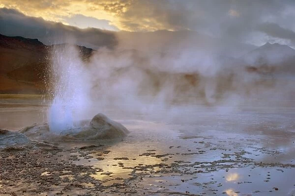 El Tatio Geysers - geothermal field of hot springs and geysers which is located at over 4200 m above sea level - at sunrise - Altiplano Atacama Desert - Chile - South America