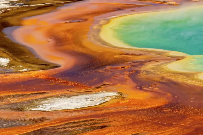 Framed Print : Elevated view of patterns in bacterial mat around Grand Prismatic spring, Midway Geyser Basin, Yellowstone National Park, Wyoming Date: 02-10-2021