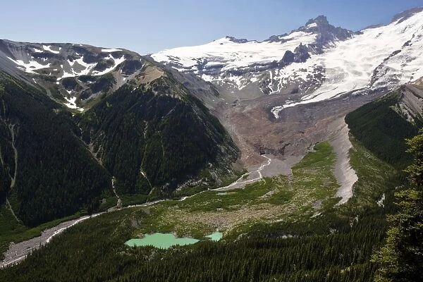 Emmons Glacier, showing glacier, morraines, glacial lake and other glacial features. Mount Rainier, Cascade Mountains, Washington
