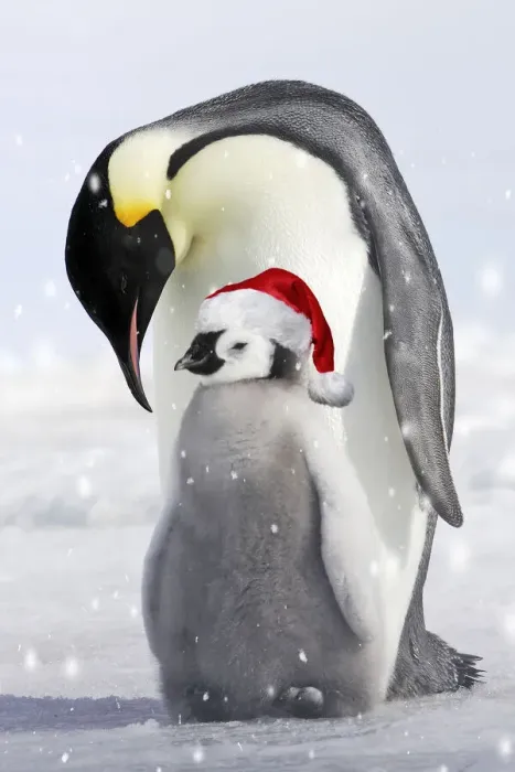 Framed Print : Emperor Penguin - adult and chick wearing red Christmas Santa hat Framed Print : Emperor Penguin - adult and chick wearing red Christmas Santa hat