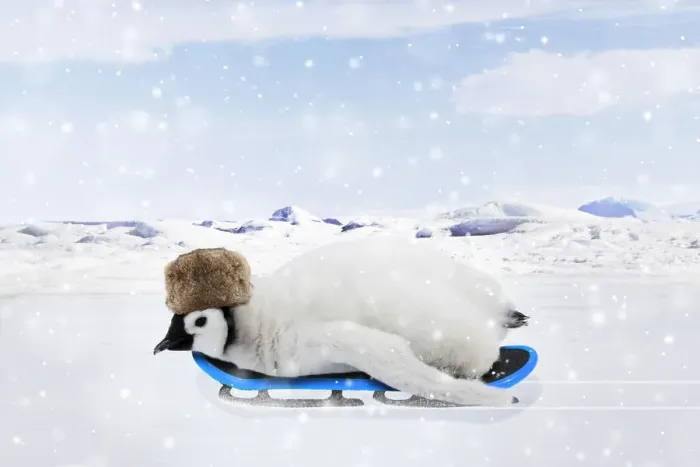 Framed Print : Emperor Penguin, chick wearing hat on a sledge in winter snow scene Framed Print : Emperor Penguin, chick wearing hat on a sledge in winter snow scene
