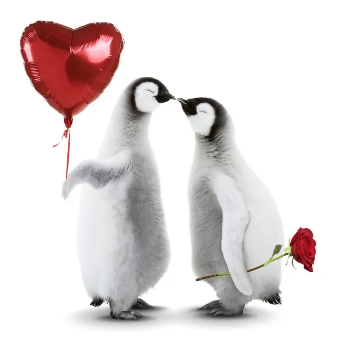Framed Print : Emperor Penguin, two chicks kissing holding heart shaped helium balloon and arose Framed Print : Emperor Penguin, two chicks kissing holding heart shaped helium balloon and arose