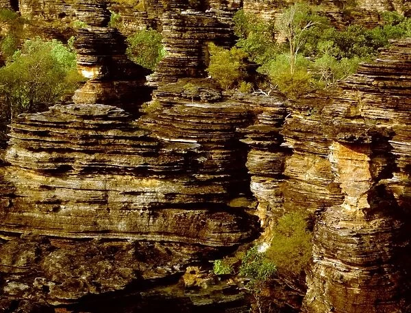 Eroded sandstone on western edge of the Arnhemland Escarpment Kombolgie Formation: sediments deposited in early Proterozoic(1700 Ma), Ubirr, Kakadu National Park (World Heritage Area), Northern Territory, Australia JPF50521
