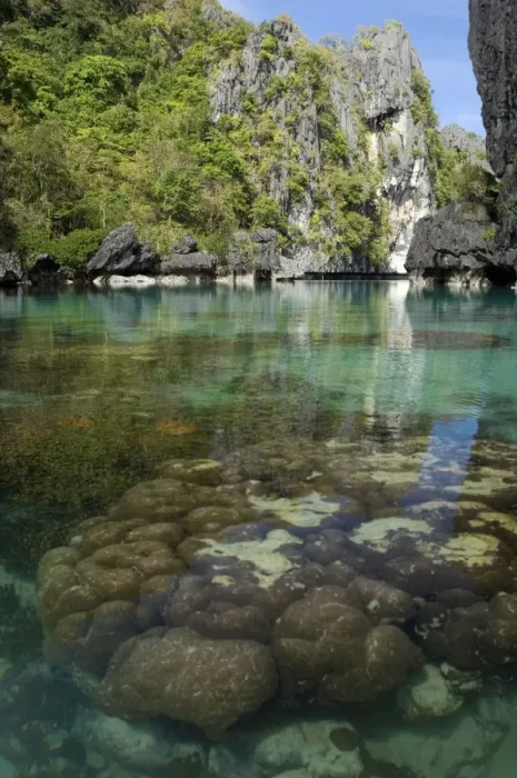 Framed Print : The exit (between the rocks) of a Big Lagoon of El Nido Minilok island, corals are visible in clear waters. Near El Nido Minilok resort, El Nido, Palawan, Philippines. February. Ph41. 0933 Framed Print : The exit (between the rocks) of a Big Lagoon of El Nido Minilok island, corals are visible in clear waters. Near El Nido Minilok resort, El Nido, Palawan, Philippines. February. Ph41. 0933
