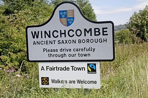 Fairtrade town notice on roadside approaching Winchcombe - Gloucestershire - UK