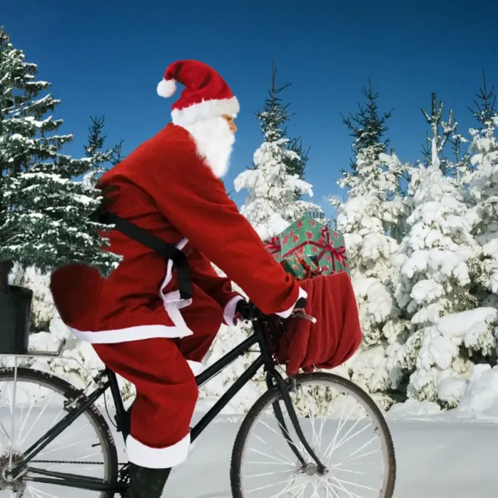 Framed Print : Father Christmas - on bicycle cycling past Fir Trees covered in snow Digital Manipulation: Father Christmas & presents SU - Tree ME Framed Print : Father Christmas - on bicycle cycling past Fir Trees covered in snow Digital Manipulation: Father Christmas & presents SU - Tree ME