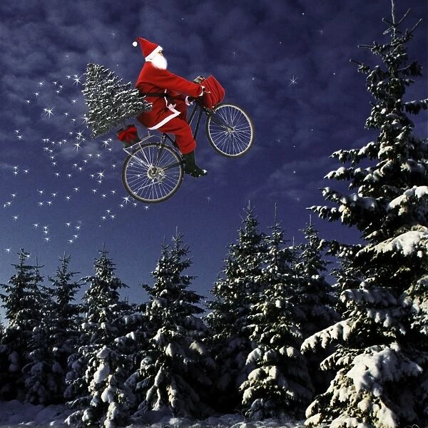 Father Christmas - flying through winter landscape on his bicycle Digital Manipulation: Father Christmas (Su), image flipped & darkened