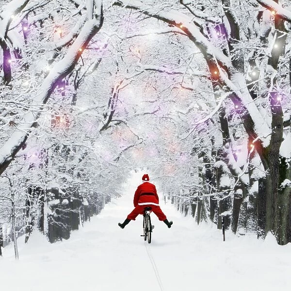 Father Christmas riding through avenue in winter snow with Christmas lights. Digital Manipulation: Father Christmas & lights