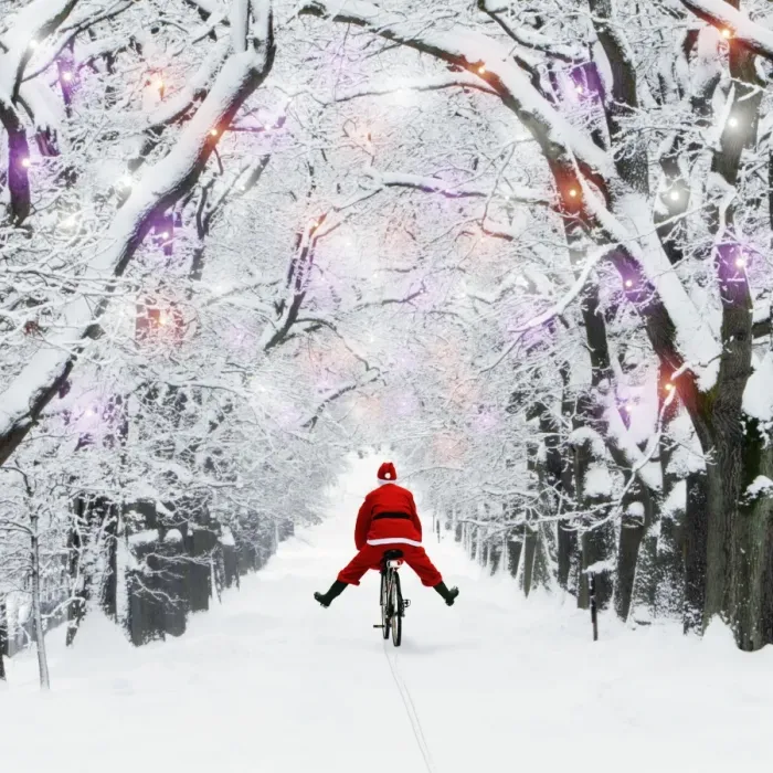 Framed Print : Father Christmas riding through avenue in winter snow with Christmas lights. Digital Manipulation: Father Christmas & lights