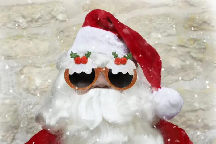 Framed Print : Father Christmas / Santa Claus, wearing Christmas pudding glasses Framed Print : Father Christmas / Santa Claus, wearing Christmas pudding glasses