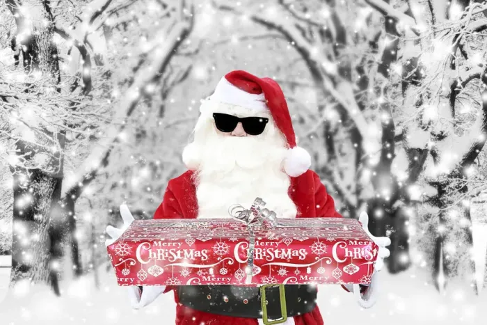 Framed Print : Father Christmas  /  Santa Claus wearing sunglasses holding Christmas present in winter snow