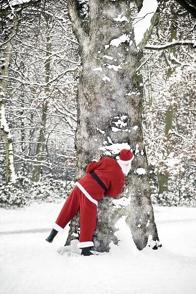 Father Christmas - in snow - behind tree