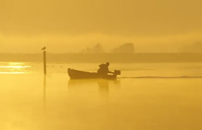 Framed Print : Fisherman in boat At dawn on Hickling Broad Norfolk UK Framed Print : Fisherman in boat At dawn on Hickling Broad Norfolk UK