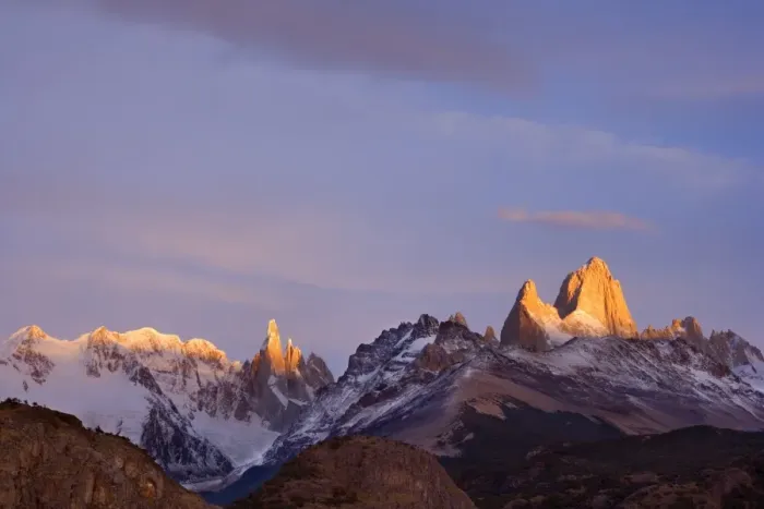 Framed Print : Fitz Roy Massif - at sunrise - mountain scenery including Cerro Torre and Cerro Fitz Roy at sunrise - Los Glaciares National Park - Patagonia - Argentina - South America